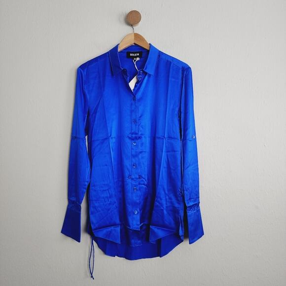 Ser.O.Ya Retrofête Karry Silk Asymmetrical Button Down Royal Blue XS NWT - Picture 6 of 13